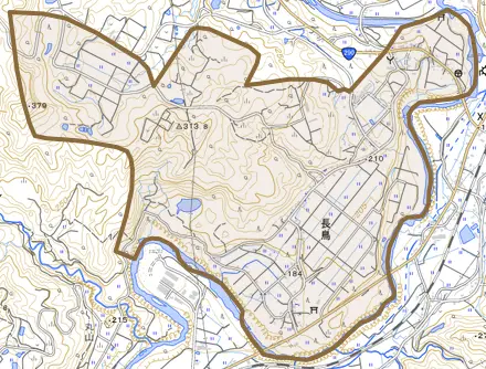 長鳥とその周辺の地図。町の範囲を重ねている