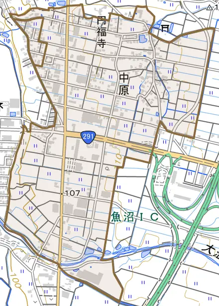 中原とその周辺の地図。町の範囲を重ねている