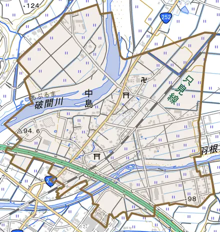 中島とその周辺の地図。町の範囲を重ねている