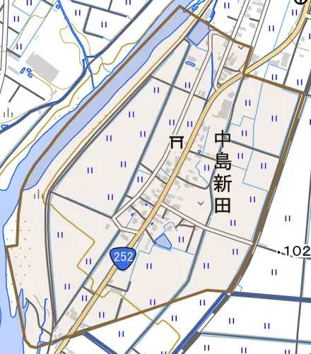 中島新田とその周辺の地図。町の範囲を重ねている