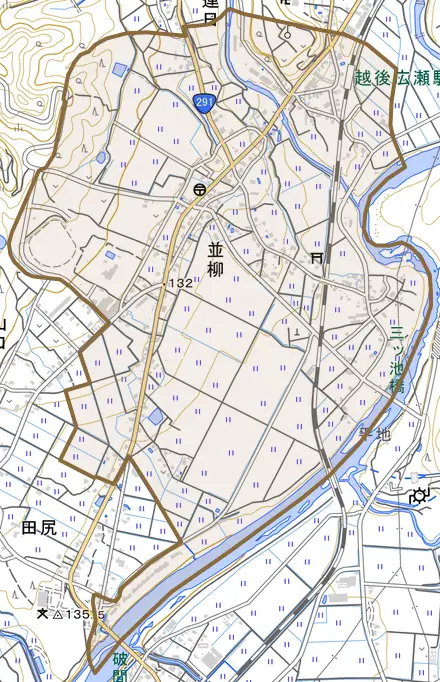 並柳とその周辺の地図。町の範囲を重ねている