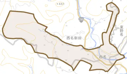 西名とその周辺の地図。町の範囲を重ねている
