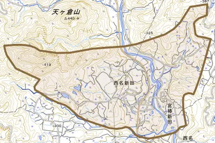 西名新田とその周辺の地図。町の範囲を重ねている