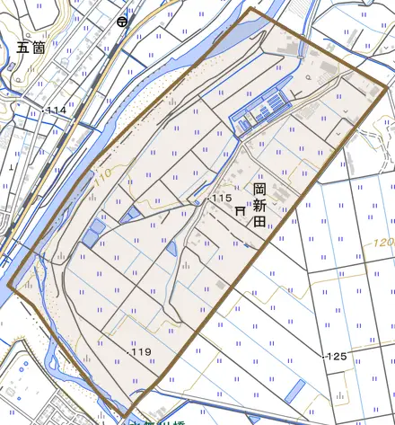 岡新田とその周辺の地図。町の範囲を重ねている