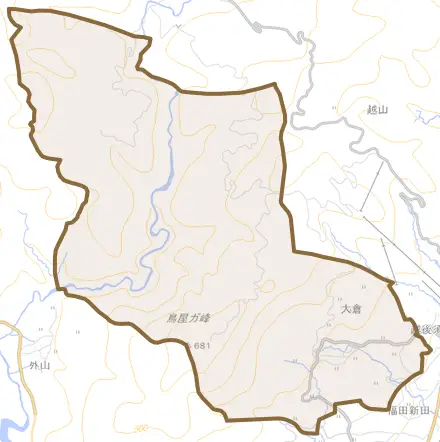 大倉とその周辺の地図。町の範囲を重ねている