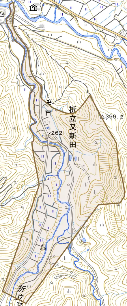 折立又新田とその周辺の地図。町の範囲を重ねている