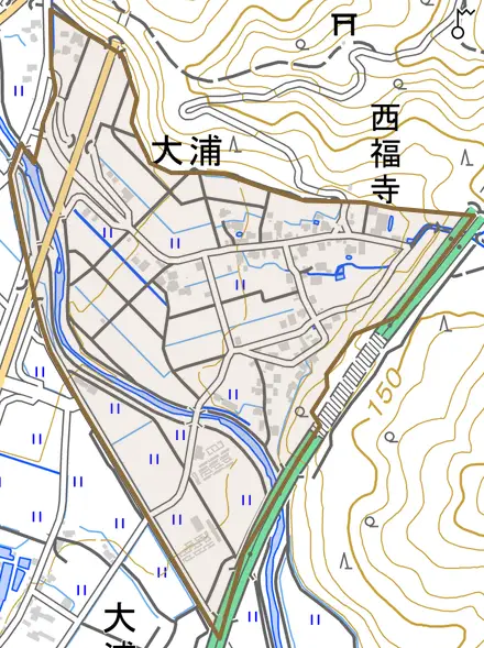 大浦とその周辺の地図。町の範囲を重ねている