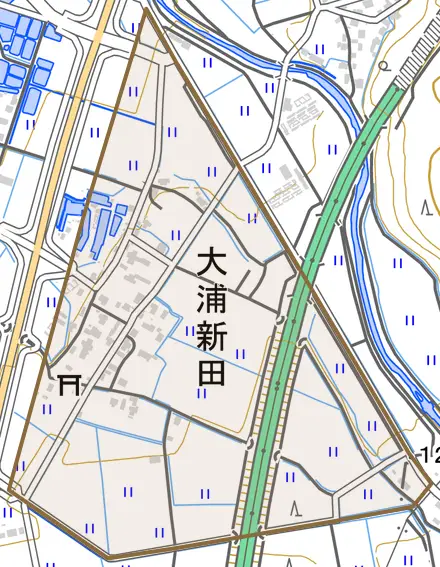 大浦新田とその周辺の地図。町の範囲を重ねている