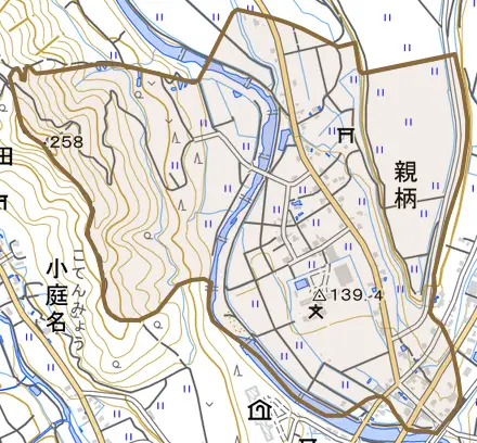 親柄とその周辺の地図。町の範囲を重ねている
