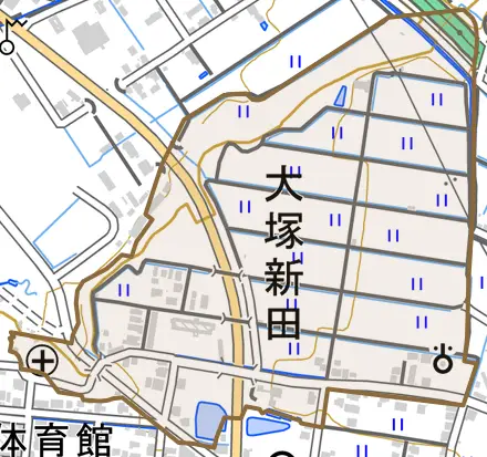 大塚新田とその周辺の地図。町の範囲を重ねている