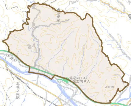 竜光とその周辺の地図。町の範囲を重ねている