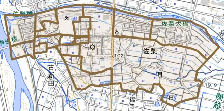 佐梨とその周辺の地図。町の範囲を重ねている