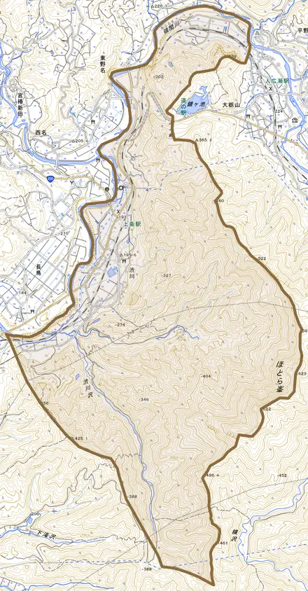 渋川とその周辺の地図。町の範囲を重ねている