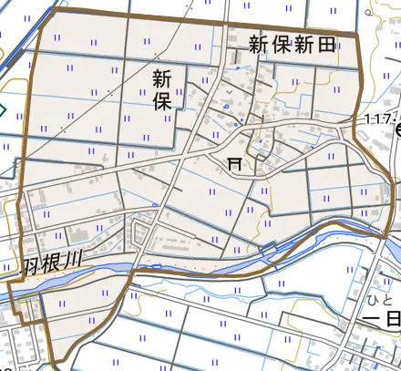 新保とその周辺の地図。町の範囲を重ねている