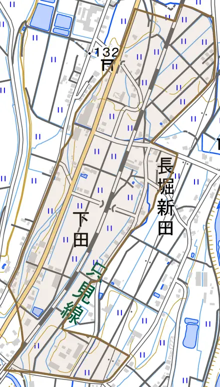 下田とその周辺の地図。町の範囲を重ねている