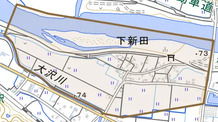 下新田とその周辺の地図。町の範囲を重ねている