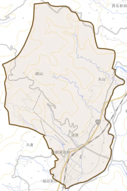 須原とその周辺の地図。町の範囲を重ねている