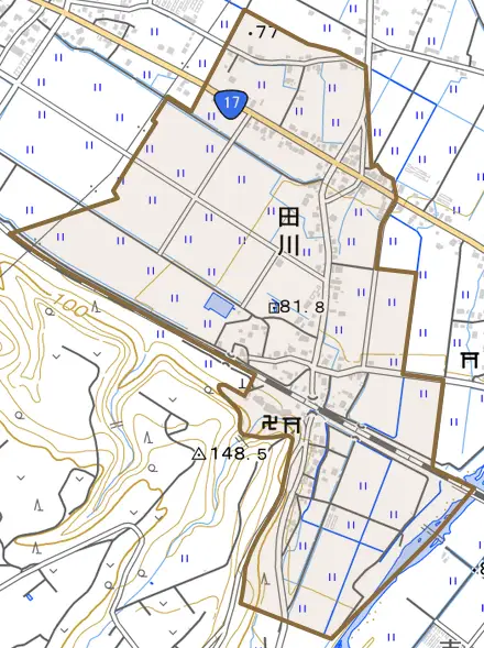 田川とその周辺の地図。町の範囲を重ねている