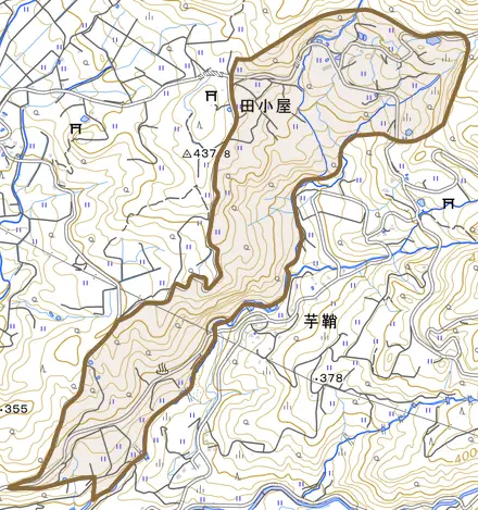 田小屋とその周辺の地図。町の範囲を重ねている