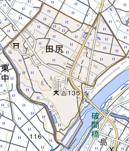 田尻とその周辺の地図。町の範囲を重ねている