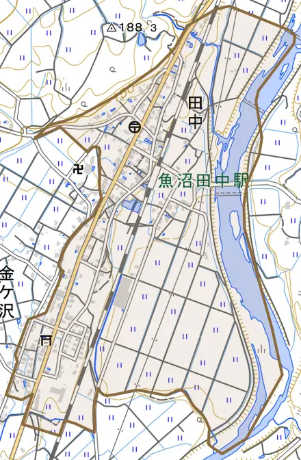 田中とその周辺の地図。町の範囲を重ねている