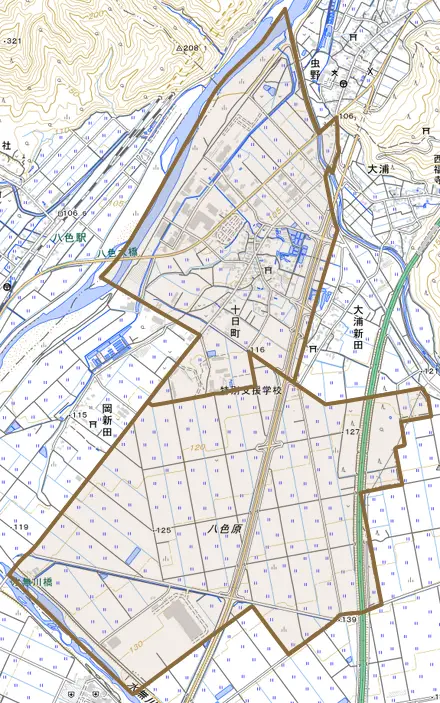 十日町とその周辺の地図。町の範囲を重ねている