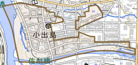 浦町とその周辺の地図。町の範囲を重ねている