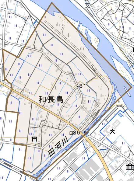 和長島とその周辺の地図。町の範囲を重ねている