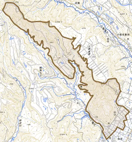 山口とその周辺の地図。町の範囲を重ねている