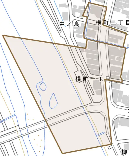 横町とその周辺の地図。町の範囲を重ねている