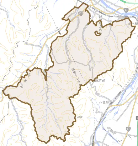 吉水とその周辺の地図。町の範囲を重ねている