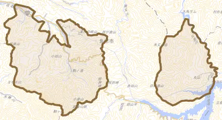 湯之谷芋川とその周辺の地図。町の範囲を重ねている