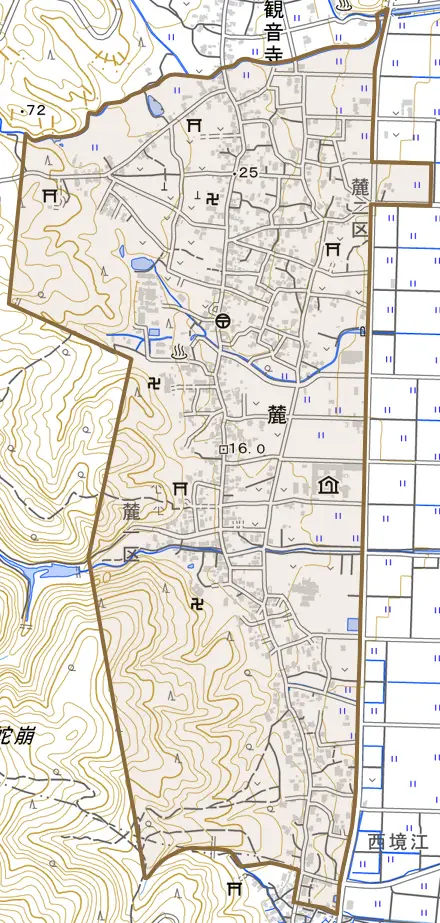 大字麓とその周辺の地図。町の範囲を重ねている