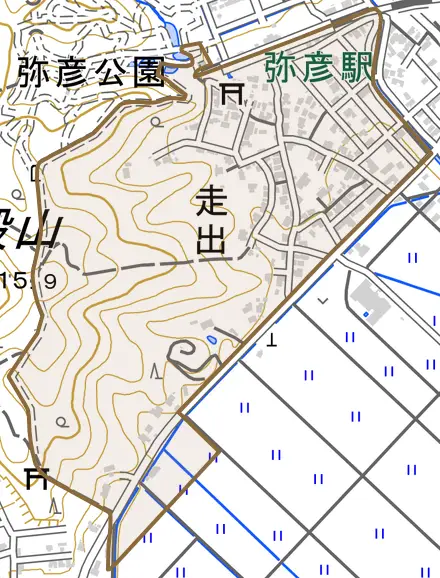 大字走出とその周辺の地図。町の範囲を重ねている