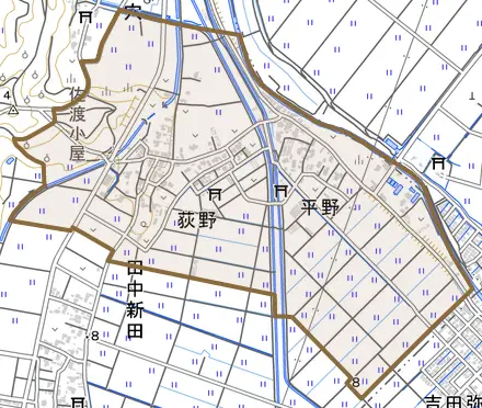 大字平野とその周辺の地図。町の範囲を重ねている