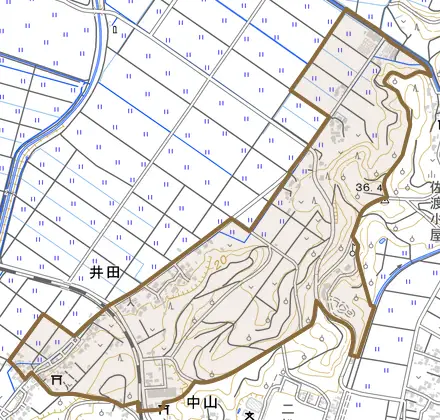 大字井田とその周辺の地図。町の範囲を重ねている