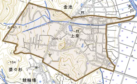 大字上泉とその周辺の地図。町の範囲を重ねている