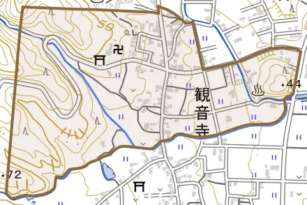 大字観音寺とその周辺の地図。町の範囲を重ねている