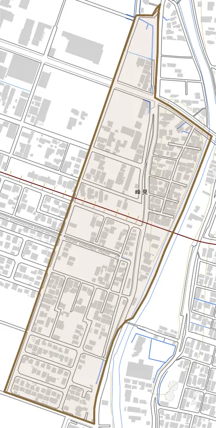 峰見とその周辺の地図。町の範囲を重ねている