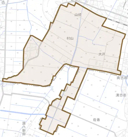 大字村山とその周辺の地図。町の範囲を重ねている