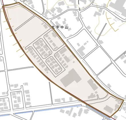 大字中山とその周辺の地図。町の範囲を重ねている