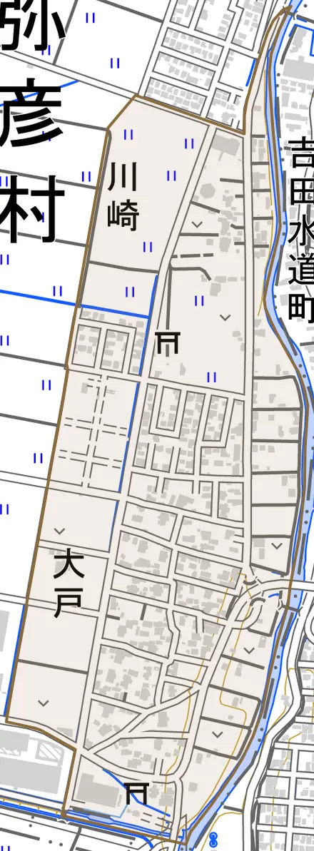 大字大戸とその周辺の地図。町の範囲を重ねている