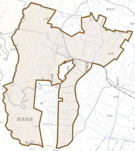 大字弥彦とその周辺の地図。町の範囲を重ねている
