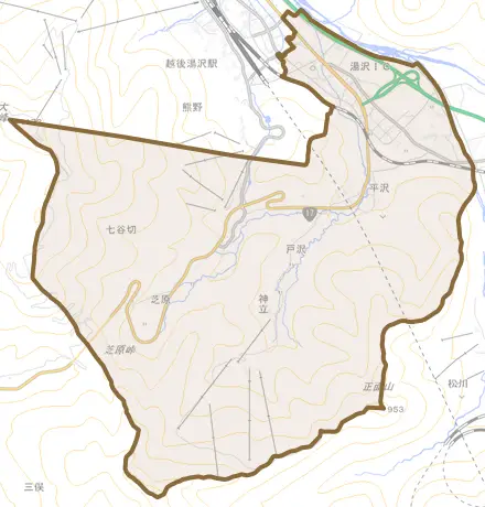 大字神立とその周辺の地図。町の範囲を重ねている