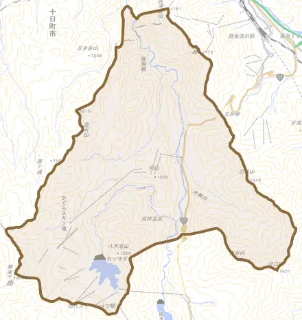 大字三俣とその周辺の地図。町の範囲を重ねている
