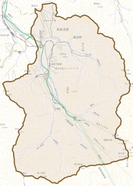 大字土樽とその周辺の地図。町の範囲を重ねている