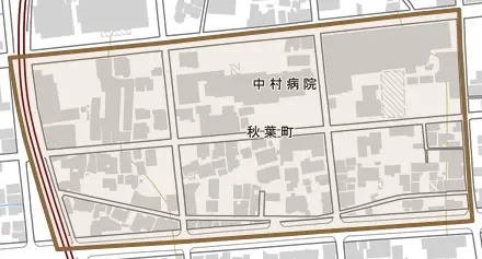 秋葉町とその周辺の地図。町の範囲を重ねている