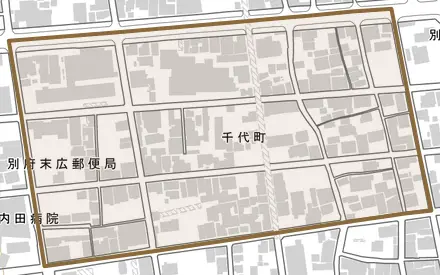 千代町とその周辺の地図。町の範囲を重ねている