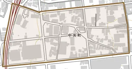 中央町とその周辺の地図。町の範囲を重ねている