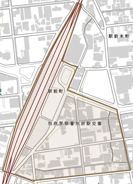 駅前町とその周辺の地図。町の範囲を重ねている